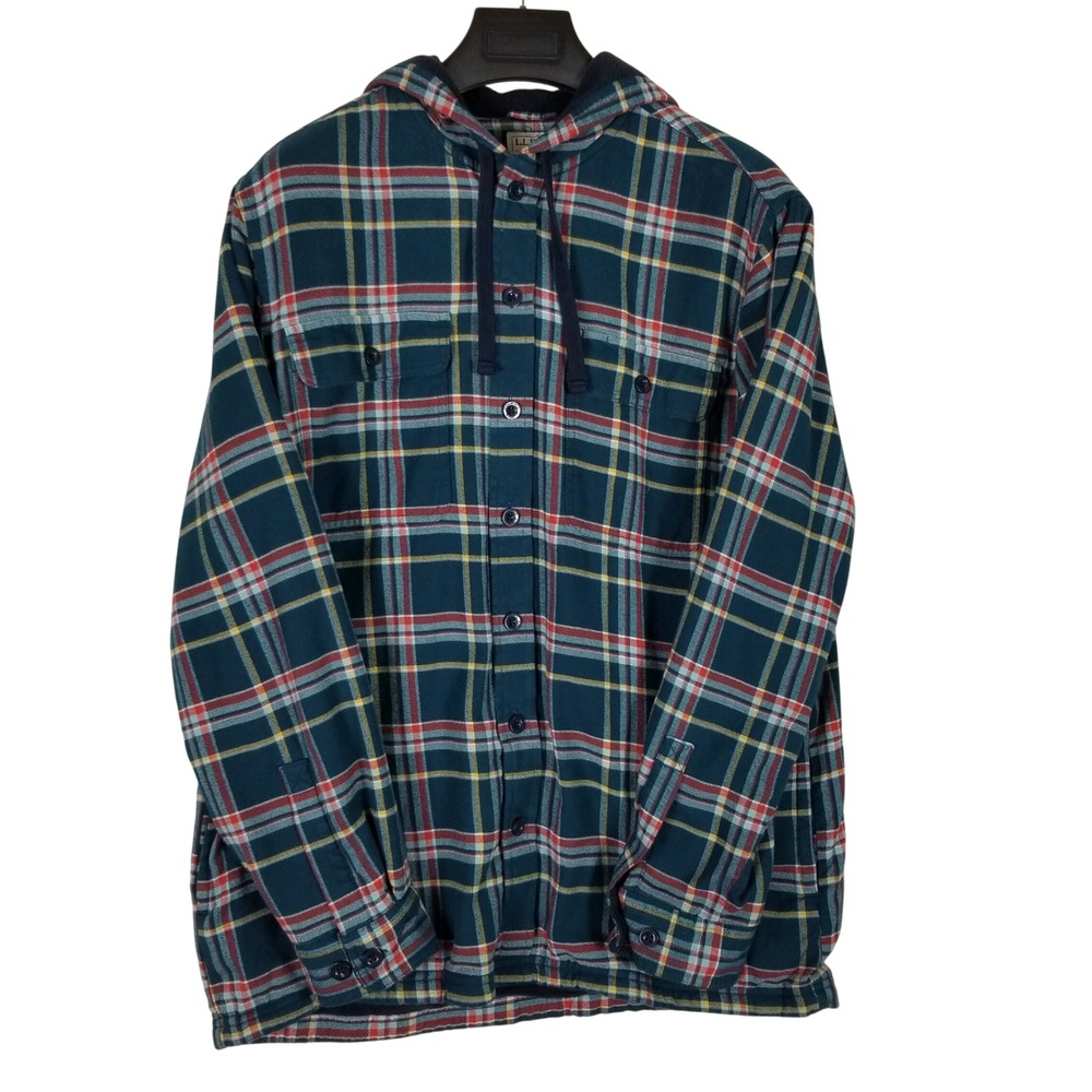 L.L.Bean Hooded Flannel Shirt Jacket Men M Teal Plaid Fleece Lined 298193